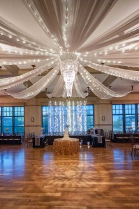 photo of custom sweeping fabric chandelier in the ballroom at The Ark in Katy